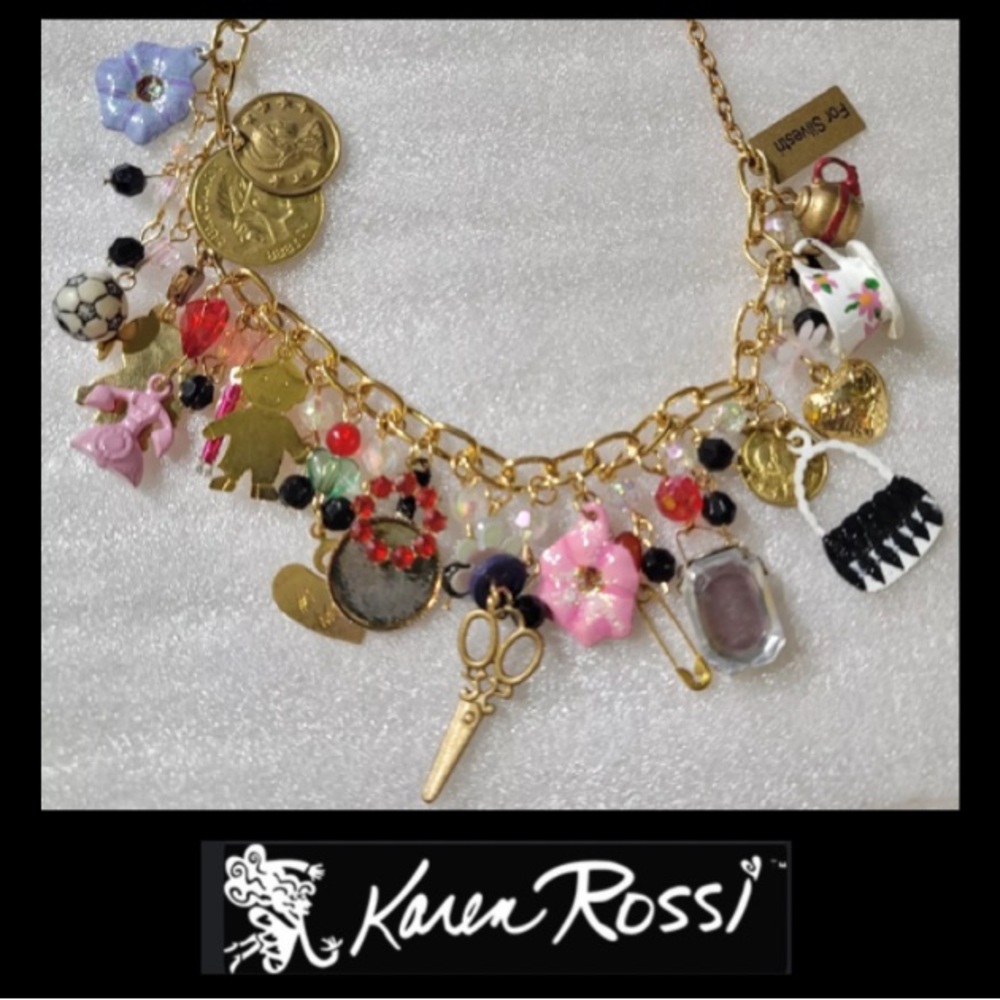 Karen ROSSI Mom-Themed Tea Pot Button Scissor Heart Flower Purse Charm Bracelet